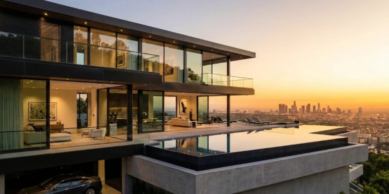 Modern architectural luxury estate in Beverly Hills with panoramic Los Angeles city views at sunset