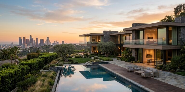 Ultra luxury Beverly Hills estate with infinity pool and city views at sunset