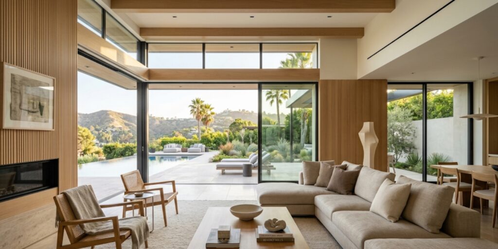 Modern Beverly Hills luxury home interior with open living space and floor to ceiling windows