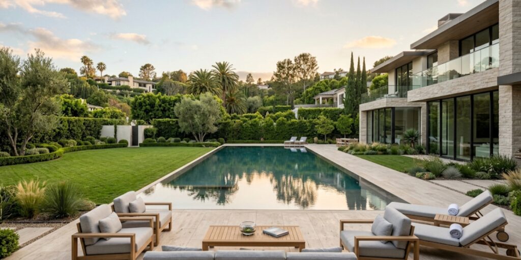 Beverly Hills luxury home backyard with landscaped garden and infinity pool