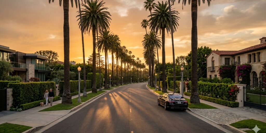 Palm-lined Beverly Hills street with luxury homes representing Los Angeles real estate market trends in 2026