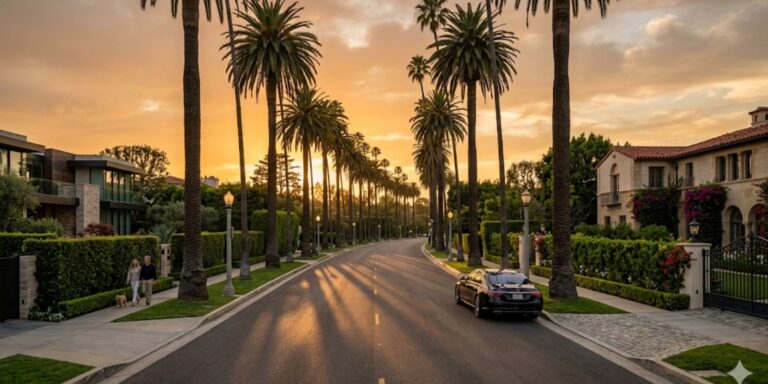Palm-lined Beverly Hills street with luxury homes representing Los Angeles real estate market trends in 2026