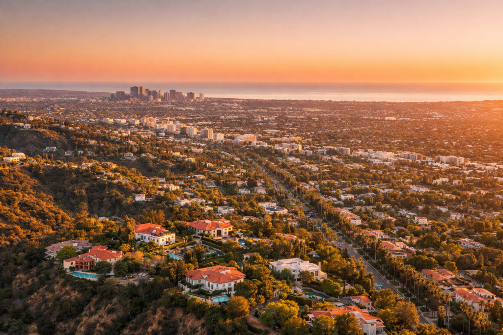 Aerial view of Beverly Hills and Los Angeles luxury real estate at golden hour, showing residential estates and canyon topography toward the Pacific Ocean