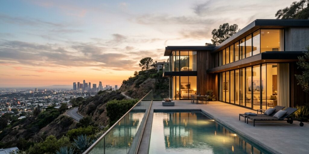 Modern luxury home in Los Angeles during spring market with city views