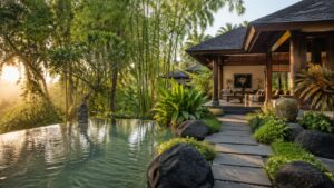 Bali luxury villa open-air pavilion with infinity pool and tropical garden at golden hour