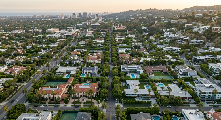 Aerial architectural view of Beverly Hills showcasing luxury estates and iconic residential landscape