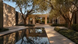 Serene Beverly Hills estate courtyard at golden hour, luxury lifestyle asset real estate