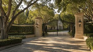 Private gated estate entrance in Beverly Hills at morning light