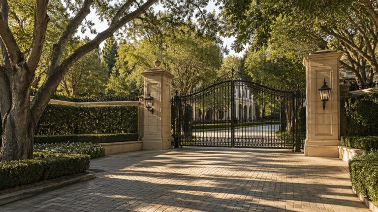 Private gated estate entrance in Beverly Hills at morning light