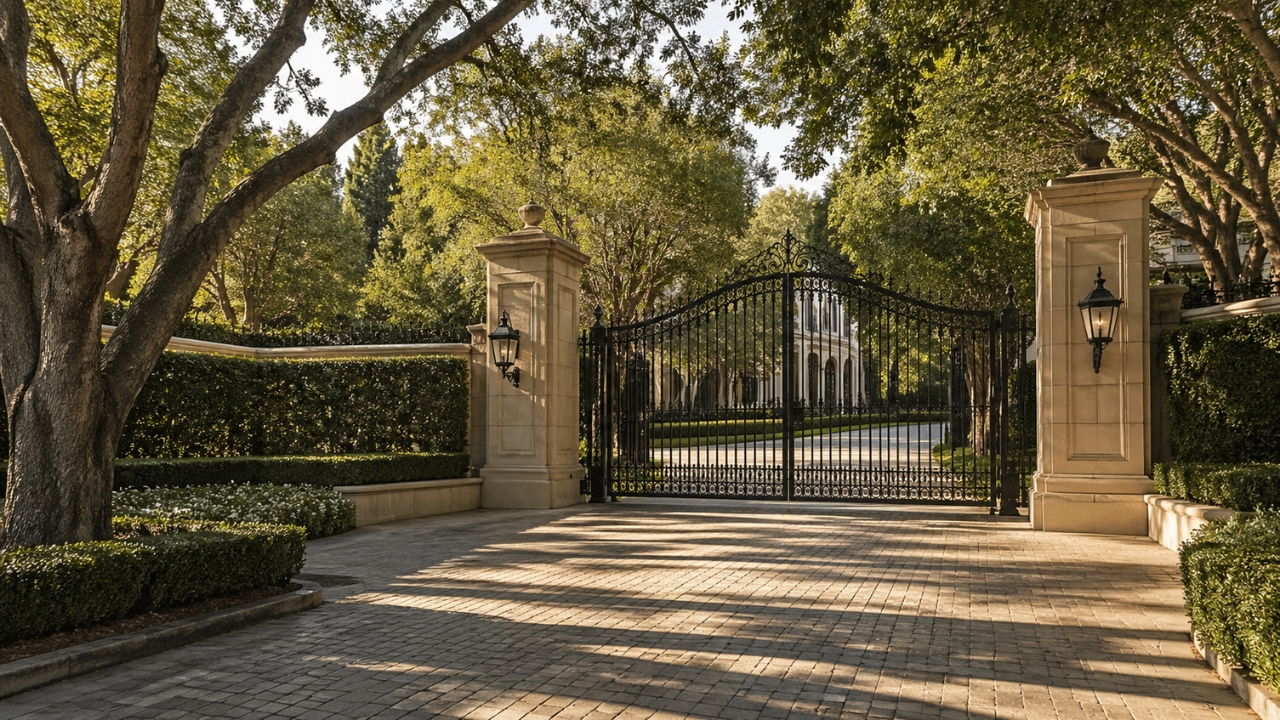 Private gated estate entrance in Beverly Hills at morning light