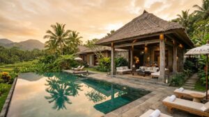 Luxury open-air villa compound in Bali with infinity pool, tropical gardens, and natural stone architecture at golden hour