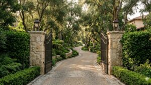 Gated Beverly Hills estate entrance with mature hedging and morning light – JB Rugiero luxury real estate