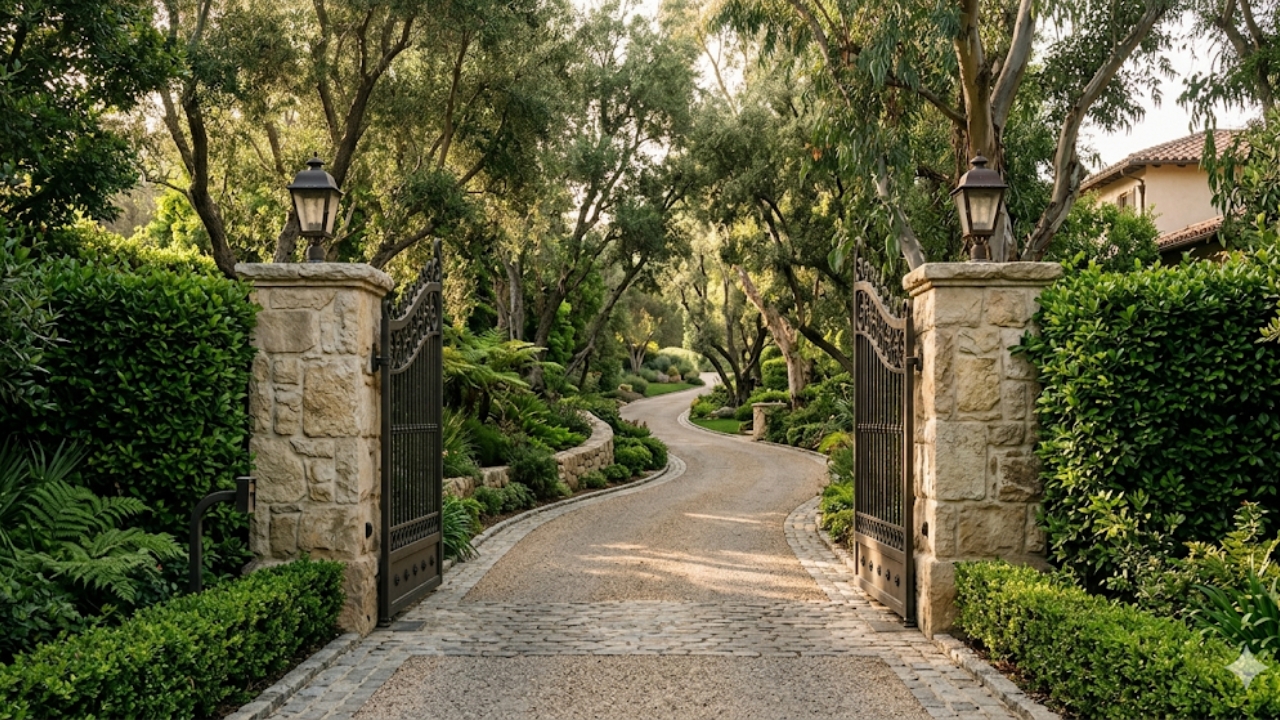 Gated Beverly Hills estate entrance with mature hedging and morning light – JB Rugiero luxury real estate