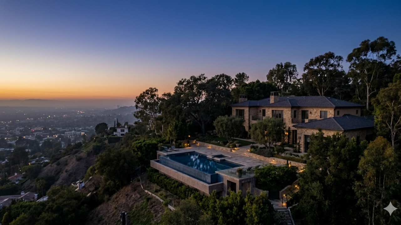 Beverly Hills hillside estate at dusk -- illustrating why global investors compare Dubai and Beverly Hills luxury real estate