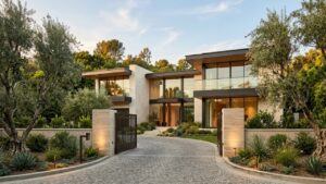 Beverly Hills luxury estate exterior with modernist facade, gated stone entry, and mature olive trees in warm late-afternoon light, representing strategic luxury property positioning in Los Angeles.