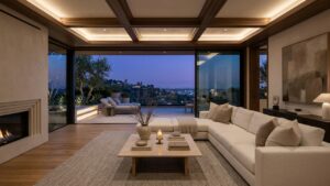 Refined Beverly Hills luxury interior at dusk with floor-to-ceiling glass walls opening onto a private terrace, warm ambient lighting, illustrating the privacy and discretion driving luxury buyer decisions in 2026.