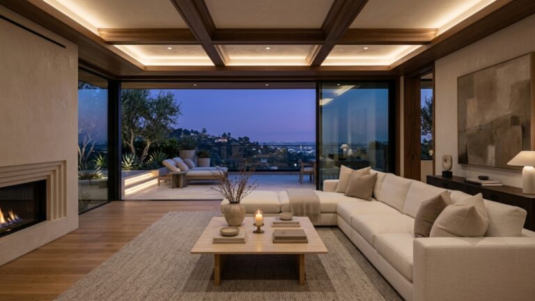 Refined Beverly Hills luxury interior at dusk with floor-to-ceiling glass walls opening onto a private terrace, warm ambient lighting, illustrating the privacy and discretion driving luxury buyer decisions in 2026.
