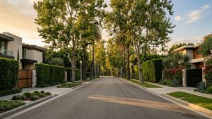 Quiet Beverly Hills residential street with gated luxury estates and mature tree canopy at golden hour