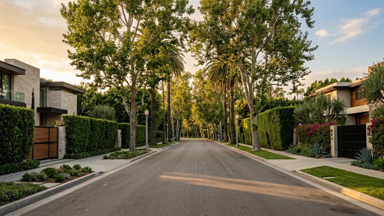 Quiet Beverly Hills residential street with gated luxury estates and mature tree canopy at golden hour
