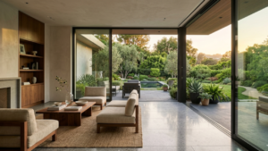 Modernist Beverly Hills home interior with floor-to-ceiling glass and private garden terrace, architectural presence and indoor-outdoor living
