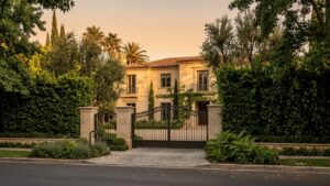 Gated Beverly Hills luxury estate with mature hedging and privacy trees at golden hour, representing off-market real estate strategy.