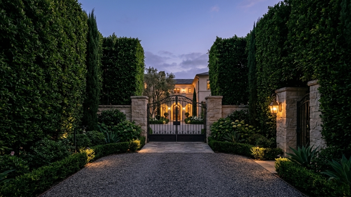 Private gated Beverly Hills estate entrance at dusk representing off-market luxury real estate and seller privacy strategy