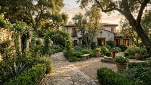 Beverly Hills luxury estate mature garden with heritage trees and late afternoon light suggesting permanence and legacy