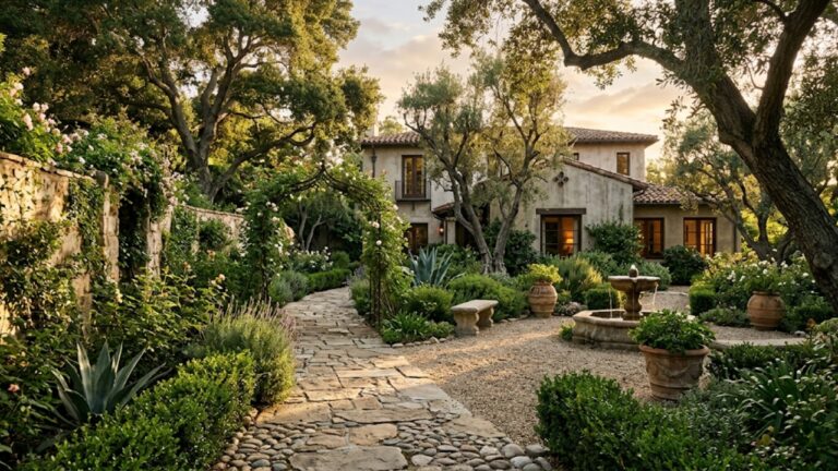 Beverly Hills luxury estate mature garden with heritage trees and late afternoon light suggesting permanence and legacy