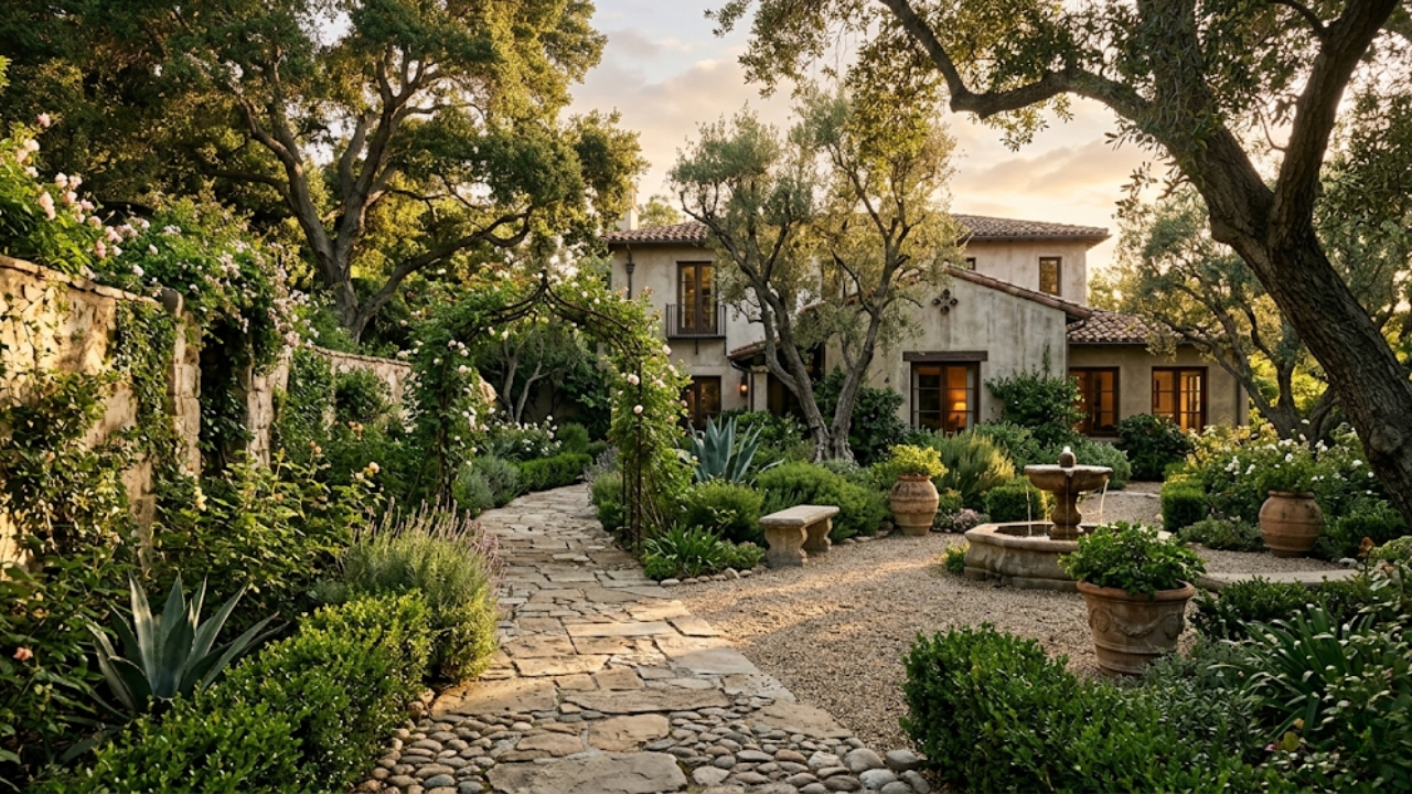 Beverly Hills luxury estate mature garden with heritage trees and late afternoon light suggesting permanence and legacy