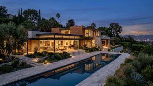 Beverly Hills luxury real estate — modernist estate at dusk with stone terrace and privacy landscaping