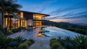 Beverly Hills luxury estate terrace and pool at twilight - JB Rugiero The Agency