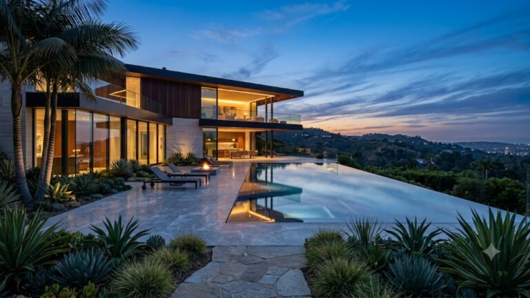 Beverly Hills luxury estate terrace and pool at twilight - JB Rugiero The Agency