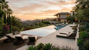 Beverly Hills luxury home terrace with infinity pool and hillside views at golden hour