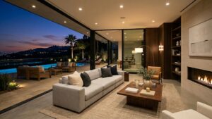 Beverly Hills luxury home interior with floor-to-ceiling glass and modernist architecture at dusk