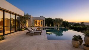 Refined Beverly Hills estate pool terrace at dusk with warm ambient light — luxury real estate as lifestyle asset for global buyers 2026