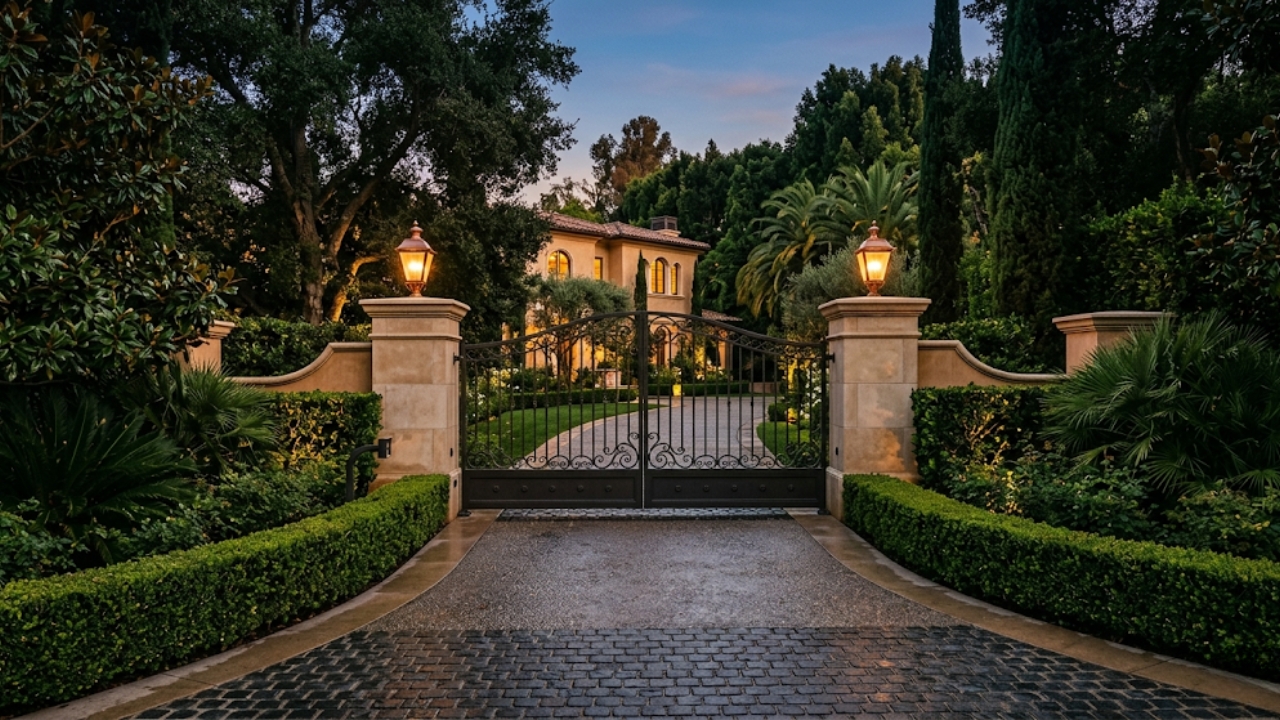 Beverly Hills luxury real estate estate entrance gate and manicured driveway at dusk