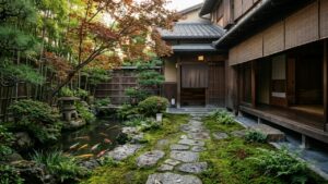 Japanese luxury architecture traditional courtyard garden with water feature and refined stone pathway