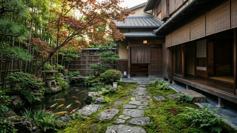 Japanese luxury architecture traditional courtyard garden with water feature and refined stone pathway