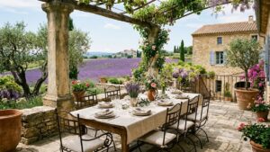 South of France luxury estate stone terrace with lavender fields and Provencal architecture