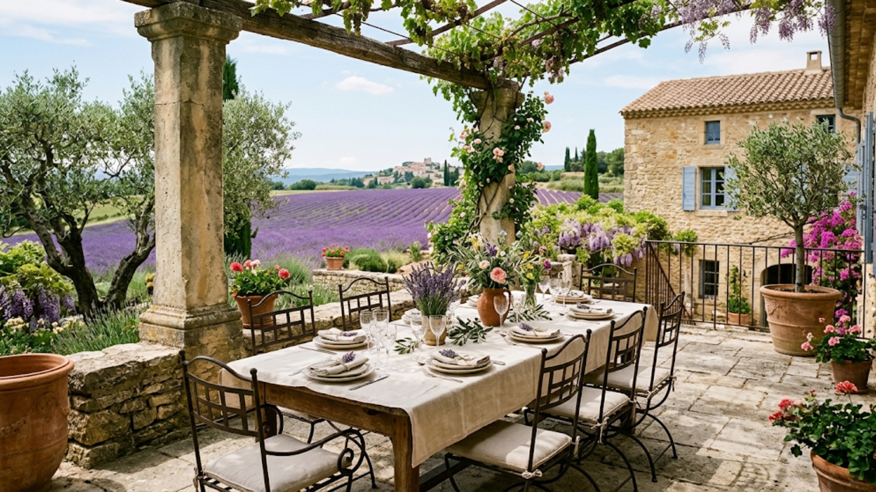 Alt Text: South of France luxury estate stone terrace with lavender fields and Provencal architecture