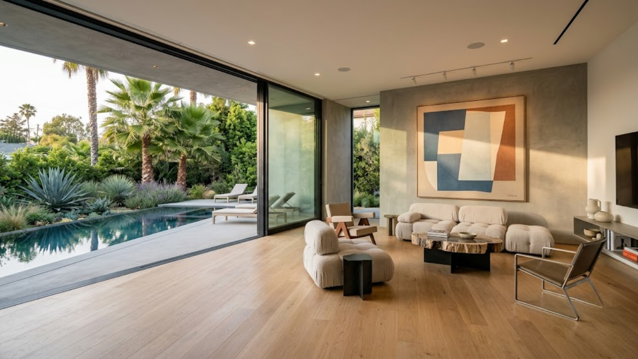 Clean minimalist Beverly Hills luxury interior with indoor-outdoor sliding glass and curated design representing the New Guard tech-native buyer aesthetic