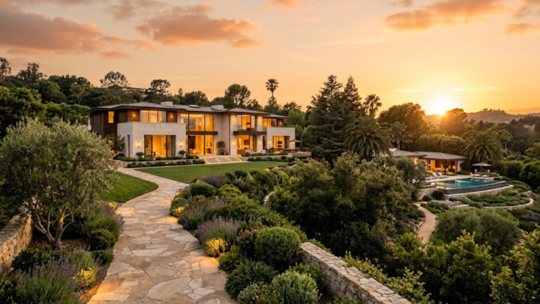 Beverly Hills luxury estate grounds with guest structure and private landscaping representing multi-generational compound property
