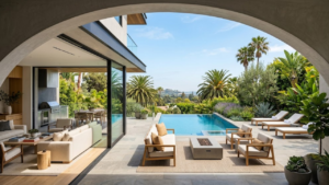 Beverly Hills luxury terrace with pool and indoor-outdoor living space representing year-round climate and permanent relocation lifestyle