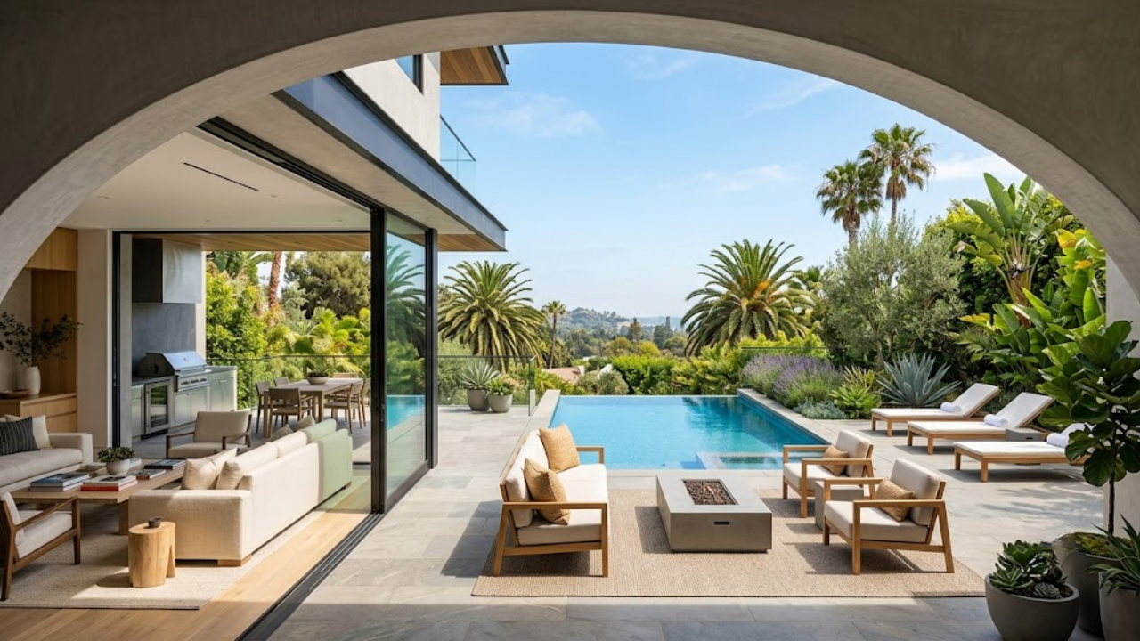 Beverly Hills luxury terrace with pool and indoor-outdoor living space representing year-round climate and permanent relocation lifestyle