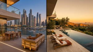 Luxury terrace overlooking city skyline representing Dubai and Los Angeles global real estate perspective
