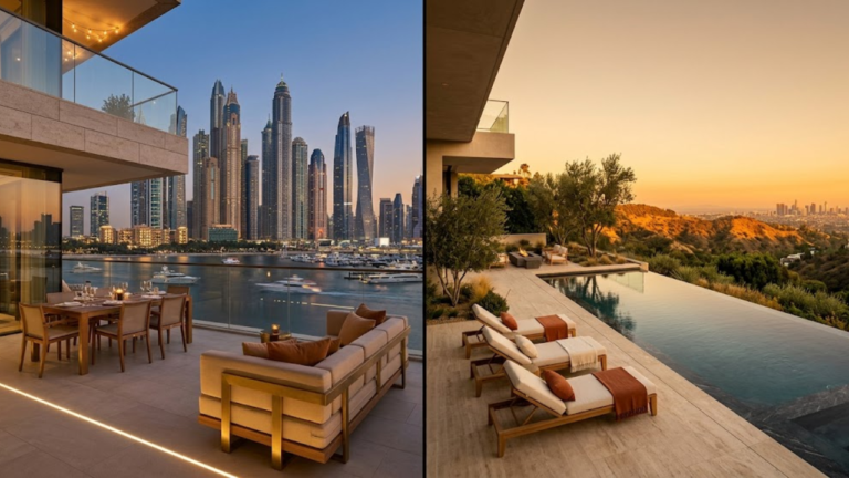 Luxury terrace overlooking city skyline representing Dubai and Los Angeles global real estate perspective