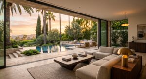 Beverly Hills luxury interior with open glass walls leading to a private pool terrace at golden hour