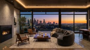 Luxury living room interior overlooking Los Angeles skyline at sunset representing global buyer interest