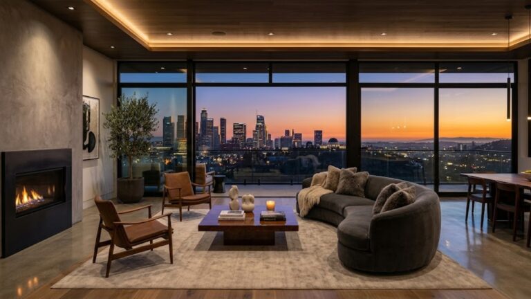 Luxury living room interior overlooking Los Angeles skyline at sunset representing global buyer interest