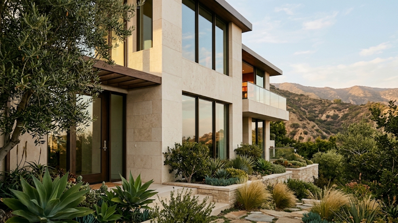 Los Angeles luxury residential neighborhood with architectural detail and mature California landscaping — seller strategy across LA